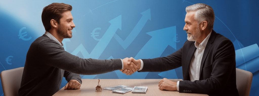 Zwei Männer schütteln Hände am Tisch.